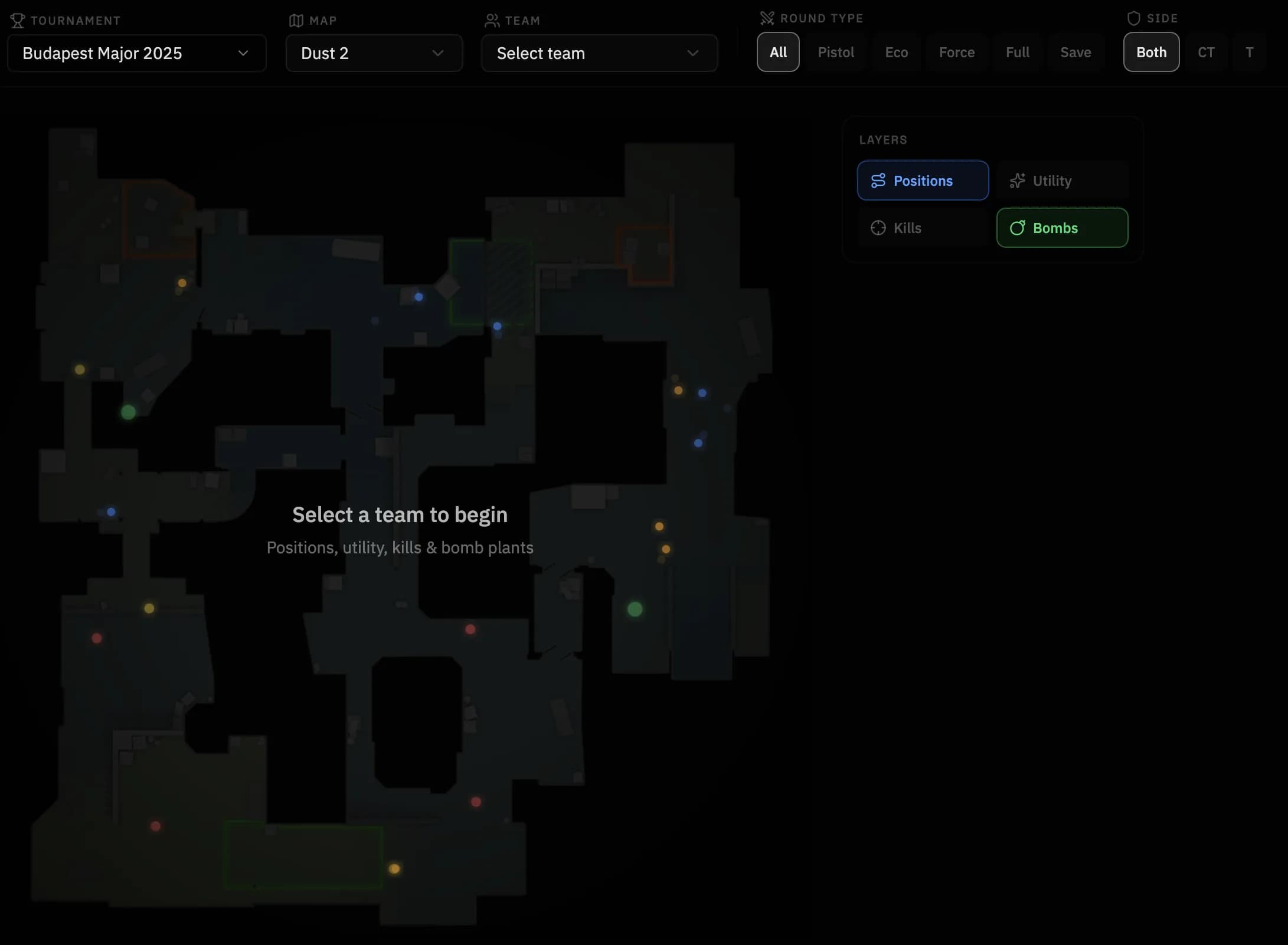 CS2 prep hub with tournament filters, team positions, utility, kills and bomb data on Dust 2
